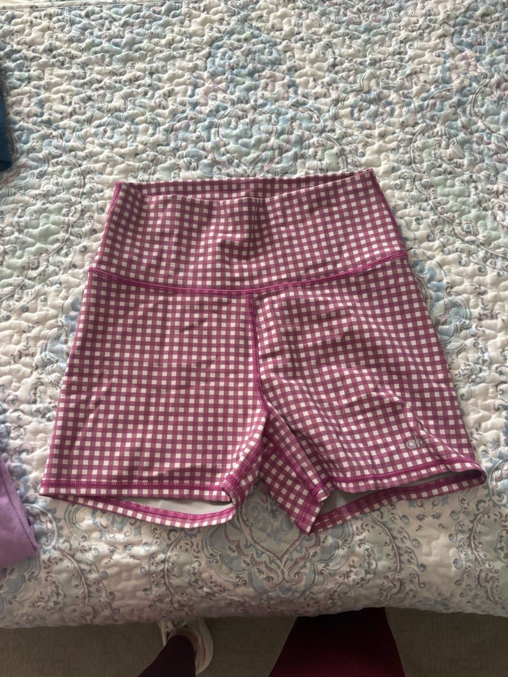 ALO Airlift Yoga Pink Gingham High-Rise Bike Shorts